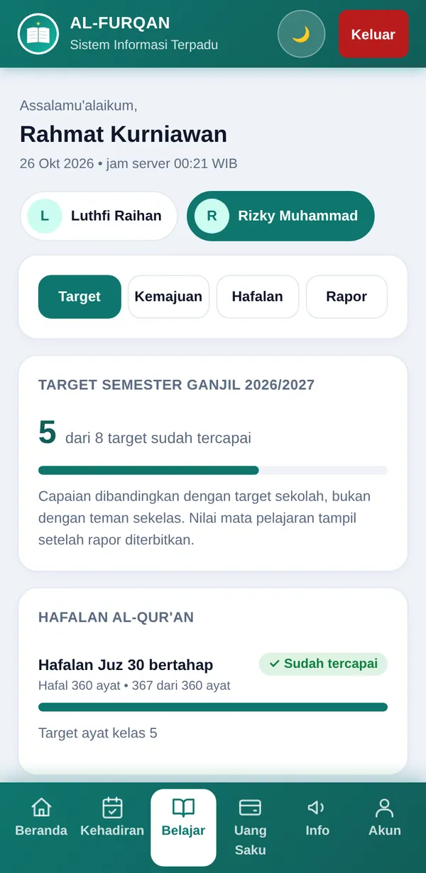 Tab target belajar: jumlah target semester yang sudah tercapai dan kemajuan setiap target.